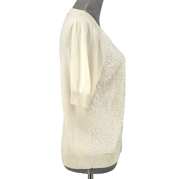 Talbots Sweater Petites MP PM Ivory Cardigan Sequins Buttons V neck Neutral - Picture 5 of 12
